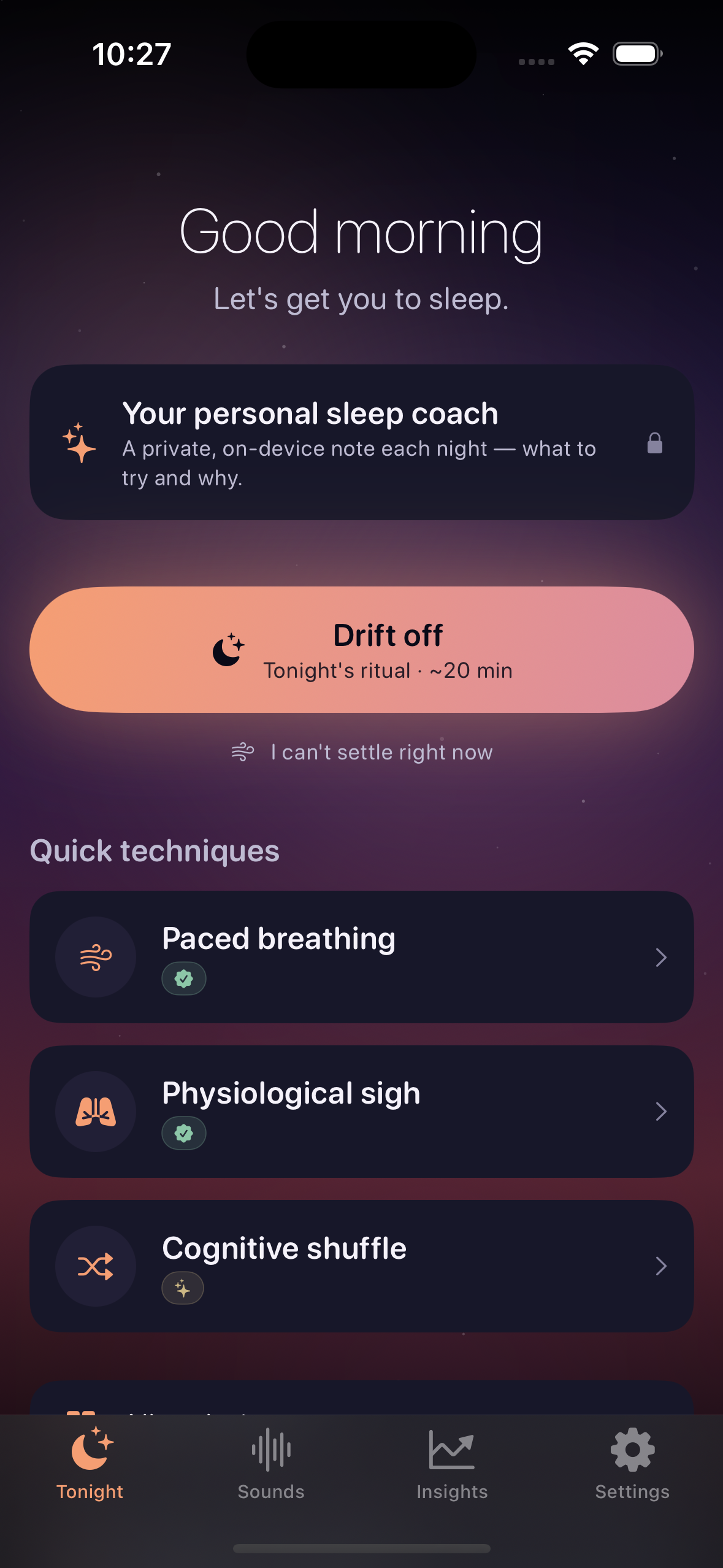 SleepFast app home screen